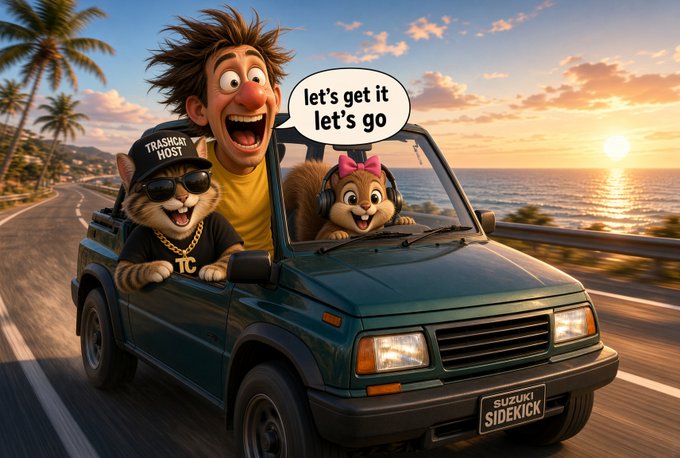 A cartoon illustration of a man, a cat wearing sunglasses and a gold chain, and a squirrel riding in a green Suzuki Sidekick convertible at sunset, with a speech bubble saying 'let's get it let's go'.