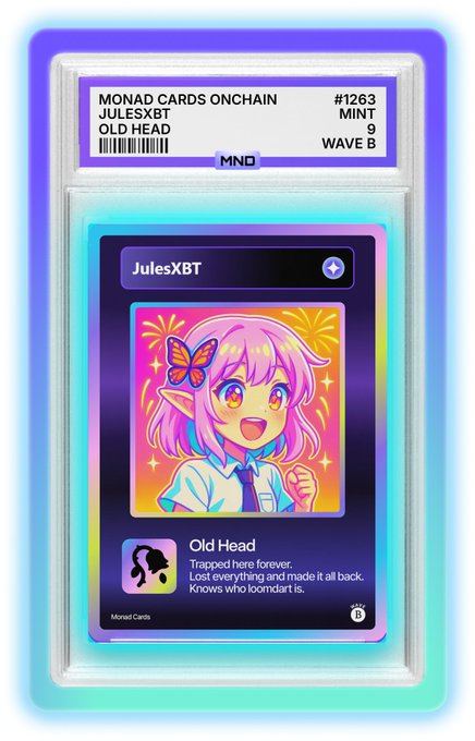 A graded digital collectible card labeled 'MONAD CARDS ONCHAIN #1263', titled 'Old Head' by JulesXBT, minted on Wave B.
