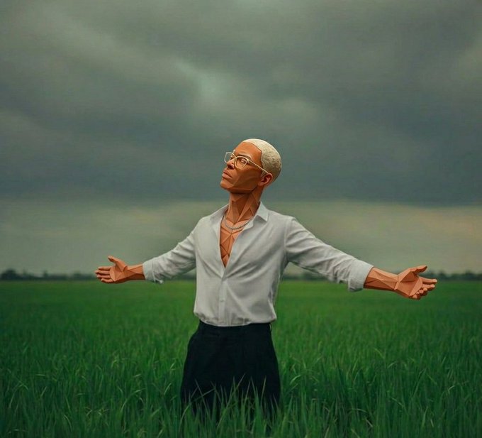 Stylized portrait of a bald man with glasses in a white shirt standing in a green field under a cloudy sky with arms outstretched.
