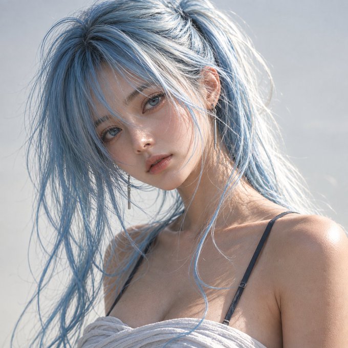 A digital portrait of a young woman with long flowing blue hair in a high ponytail, light skin, and blue eyes, wearing a thin-strapped top against a bright sky background.