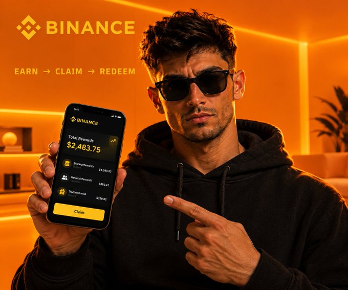 A Binance advertisement featuring a man in sunglasses holding up a smartphone displaying $2,483.75 in total rewards, with the tagline 'EARN → CLAIM → REDEEM' against an orange-lit background.
