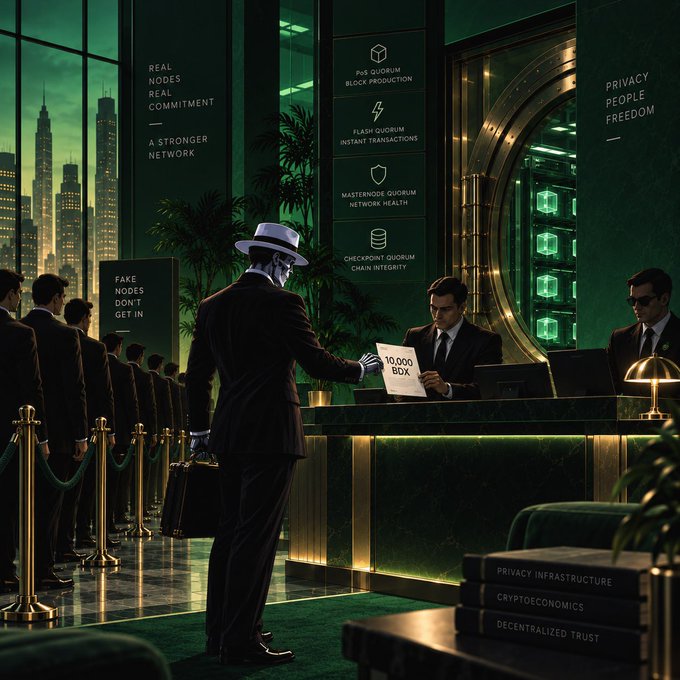 A stylized digital illustration depicts a man in a black suit and white fedora handing a paper labeled '10,000 BDX' to a receptionist at a luxurious, green-tinted bank or exchange counter, with text panels mentioning 'PRE QUORUM BLOCK PRODUCTION', 'FLASH QUORUM INSTANT TRANSACTIONS', 'MASTERNODE QUORUM NETWORK HEALTH', 'CHECKPOINT QUORUM CHAIN INTEGRITY', and 'FAKE NODES DON'T GET IN'.
