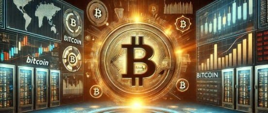 A vibrant golden Bitcoin-themed graphic showing a large central Bitcoin coin surrounded by smaller coins, stock charts, and server racks representing the cryptocurrency industry.