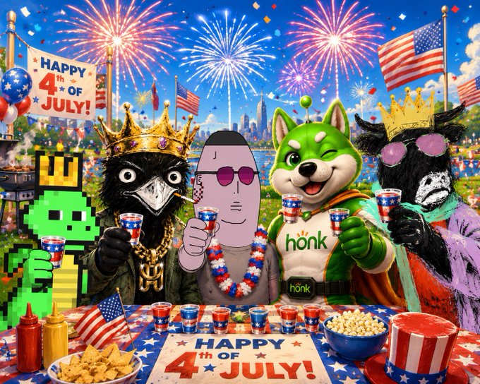 A festive 4th of July cartoon illustration featuring several crypto mascots — a crowned crow, a pixelated frog, an NPC character, the HONK dog, and another crowned crow — gathered around a table with American flags, fireworks, snacks, and patriotic drinks.