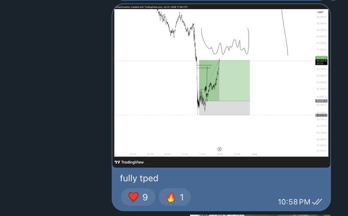 A TradingView chart of $BTC/USDT shows a completed trade setup with a green take-profit zone hit, accompanied by the message "fully tped" with 9 hearts and 1 fire reaction at 10:58 PM.