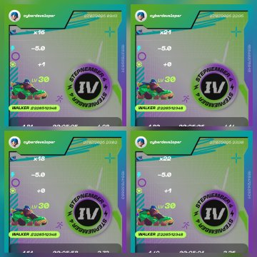 Four nearly identical screenshots from a mobile app showing in-game sneaker statistics with "STEPN" and "IV" logos, displaying stats like "Energy 30" and counters for gems.