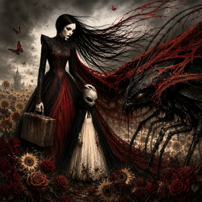 A dark fantasy illustration featuring a tall, pale woman in a red and black lace gown holding a suitcase, standing in a field of sunflowers and roses next to a large alien-like creature, with a small child-like figure in a white dress between them.