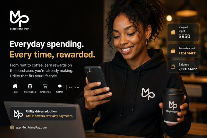 An advertisement for MegPrime Pay featuring a smiling woman in a black hoodie holding a phone and branded coffee cup, with the tagline 'Everyday spending. Every time, rewarded.' and showing $850 rent paid, +124 $MPP reward earned, and 2,560 $MPP balance.