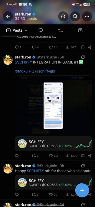A mobile screenshot of the X profile 'stark.ron' (@Stark_axie), featuring posts about '$SCHIFFY INTEGRATION IN GAME #1!' and showing the SCHIFFY token at $0.00588 with an +88.92% gain.