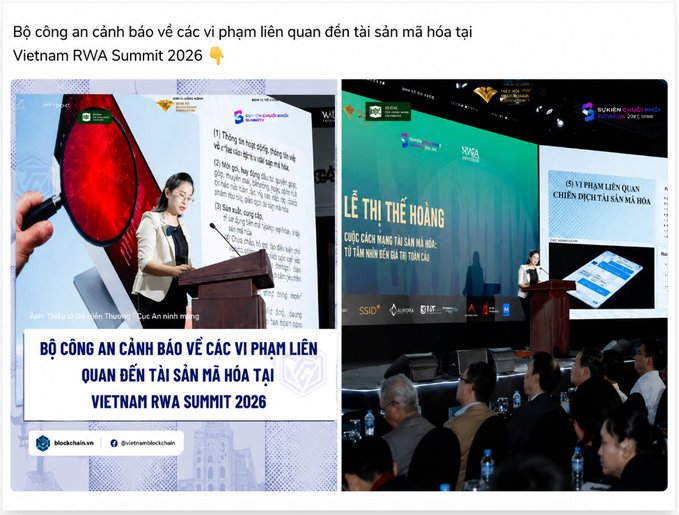 A Vietnamese news post titled 'Bộ công an cảnh báo về các vi phạm liên quan đến tài sản mã hóa tại Vietnam RWA Summit 2026' showing a cybersecurity presentation on cryptocurrency violations.