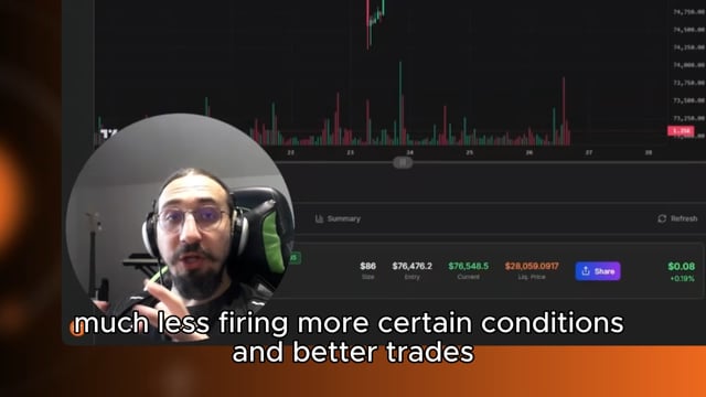 The image features a man wearing headphones, possibly gaming or listening to music while managing his trading activities on an online trading platform using Hyper Liquid. The person appears to be talking about various aspects of trading with the Hyperliquid trading bot, such as the importance of less frequent trading in certain conditions and better trades.