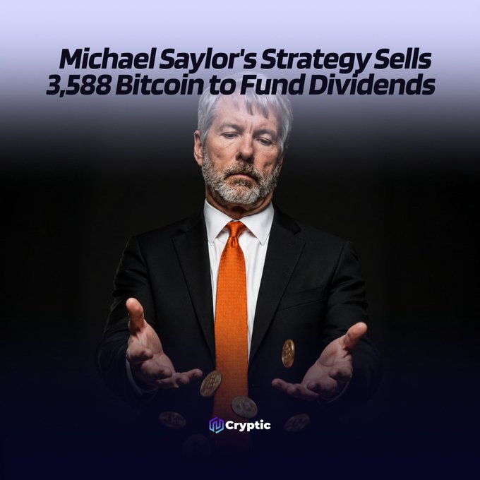 A man in a black suit and orange tie is shown with coins falling from his hands, with the headline "Michael Saylor's Strategy Sells 3,588 Bitcoin to Fund Dividends" displayed above and a "Cryptic" logo below, illustrating Strategy's recent Bitcoin sale to fund its Digital Credit securities dividends.