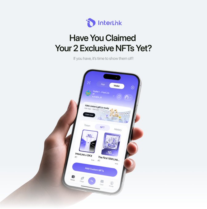 A hand holds a smartphone displaying the InterLnk app, showing a wallet with two NFTs ("InterLnk x OKX #1" and "The First 10M Link...") available to claim, complementing the post's call to claim and showcase these exclusive InterLnk (#ITL) NFTs.