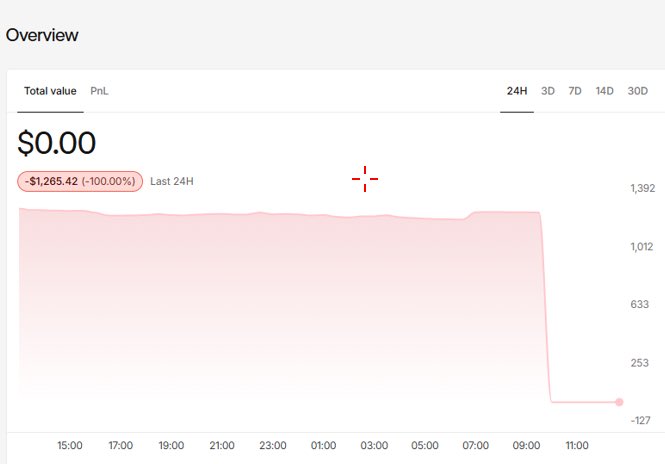A financial dashboard overview showing total value of $0.00 with a -100% loss of -$1,265.42 in the last 24 hours, displayed as a line chart.