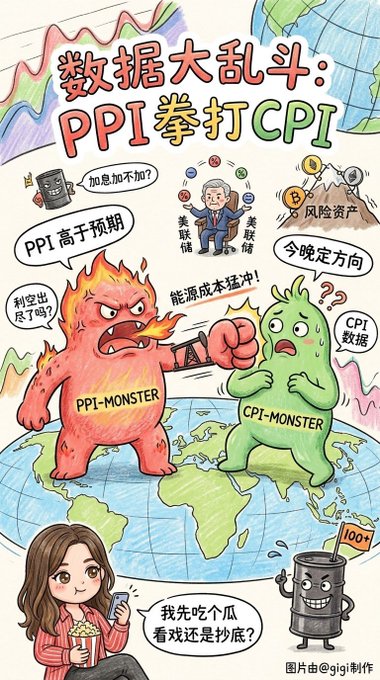 A Chinese-language illustration titled '数据大乱斗：PPI拳打CPI' depicting a fiery red PPI-MONSTER punching a green CPI-MONSTER, with references to Fed Chair Powell, interest rate decisions, and energy costs.
