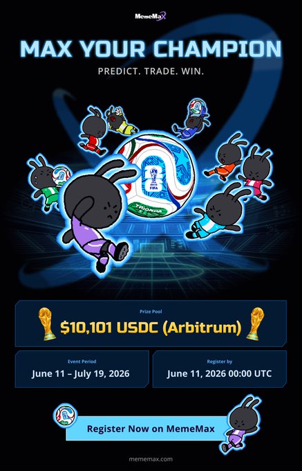 The image features a poster for an event called "MAX YOUR CHAMPION" that has been posted on MemeMax.com. The poster includes a cartoon of a soccer ball with the text "MAX YOUR CHAMPION". It also displays two options, one being a registration form and the other being a prize pool. The poster is set against a black background with blue and white elements, creating an eye-catching design that highlights the event details.