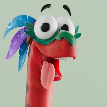 A whimsical clay figurine of a red, long-necked creature with googly eyes, a protruding tongue, and colorful feather-like adornments is shown against a light green background. The handcrafted, playful design reflects the post's "Comfy in Clay Grounded in Good Vibes" theme by conveying a cheerful, relaxed atmosphere through its expressive, quirky character.