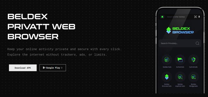 A promotional banner for the "Beldex Private Web Browser" features a black background with white text stating "Keep your online activity private and secure with every click," alongside a smartphone mockup displaying the browser's interface with Beldex-branded domains and download options. The image visually reinforces the post's message by showcasing the app's clean, ad-free design and built-in Beldex domains, which the user highlights as the browser's standout features.