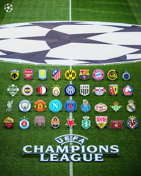 The image shows a UEFA Champions League center circle surrounded by a collection of club crests arranged on the pitch, with "UEFA CHAMPIONS LEAGUE" displayed prominently at the bottom in green grass lettering.

The four favorites mentioned in the post—Barcelona, Arsenal, Bayern Munich, and Real Madrid—are all represented among the badges shown on the field.