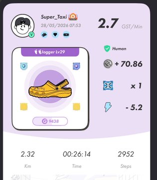 The image shows a phone screen displaying information about an app called "StepN" that tracks steps taken during exercise sessions. The app has been used for 2,732 steps today. There are also icons representing different activities such as walking, running, and jogging displayed on the screen. A cartoon character is present in the top left corner of the image, which could be a logo or an icon related to the app.