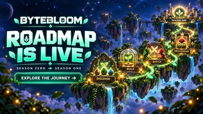Colorful fantasy-themed graphic for 'BYTEBLOOM' announcing 'ROADMAP IS LIVE,' depicting floating islands with stages labeled DISCOVER, BUILD, BATTLE, OWN & EXPAND, and SEASON ONE.