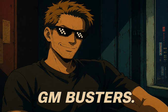 Anime-style illustration of a man with brown hair wearing pixelated 'thug life' sunglasses and a smirk, with the text 'GM BUSTERS.' displayed in cream-colored letters at the bottom.