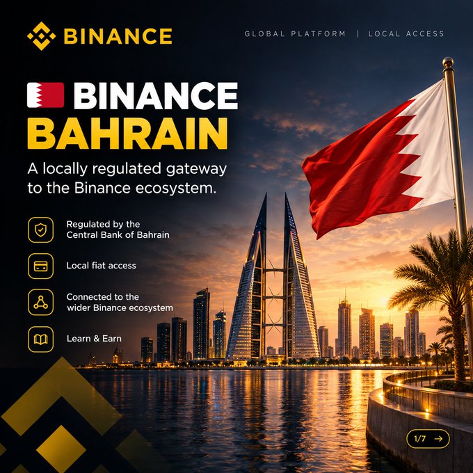 A Binance advertisement for Binance Bahrain featuring the Bahraini flag and skyline, listing features like regulation by the Central Bank of Bahrain and local fiat access.