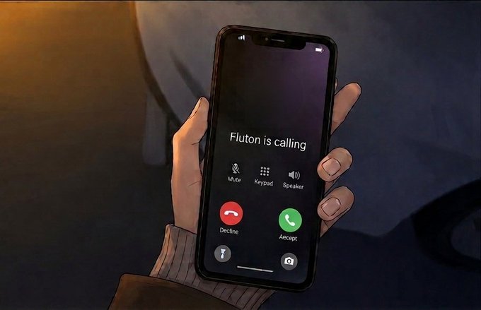 An animated-style hand holds an iPhone displaying an incoming call from "Fluton," with Decline and Accept buttons visible on screen, symbolizing the post's message of patiently waiting for the next big update from @FlutonIO rather than rushing the market.