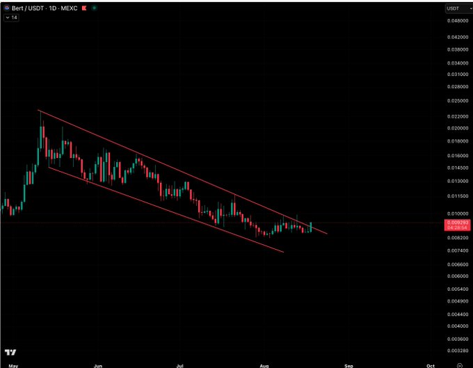 A daily candlestick chart of BERT/USDT on MEXC shows the token trading around $0.00788, with price action contained within a descending parallel channel (red trendlines) from roughly $0.025 in May down to current lows, suggesting a potential breakout setup consistent with the bullish "it's your time now" sentiment.