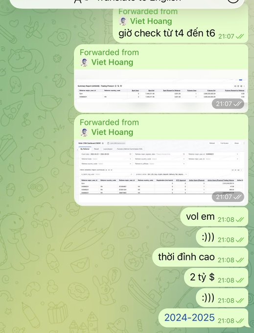 A Telegram chat screenshot showing forwarded messages from 'Viet Hoang' containing screenshots of trading data, followed by Vietnamese text messages like 'vol em', ':)))', and '2024-2025'.