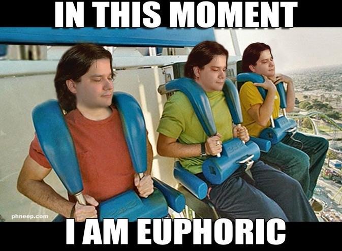 Three men sit calmly on a roller coaster mid-drop with text reading "IN THIS MOMENT / I AM EUPHORIC." The meme humorously conveys the bittersweet feeling of a Bitcoin/Lightning node operator who has just closed ~230 channels on Start9—thrilled to be rid of channel management headaches while simultaneously terrified of what's next.