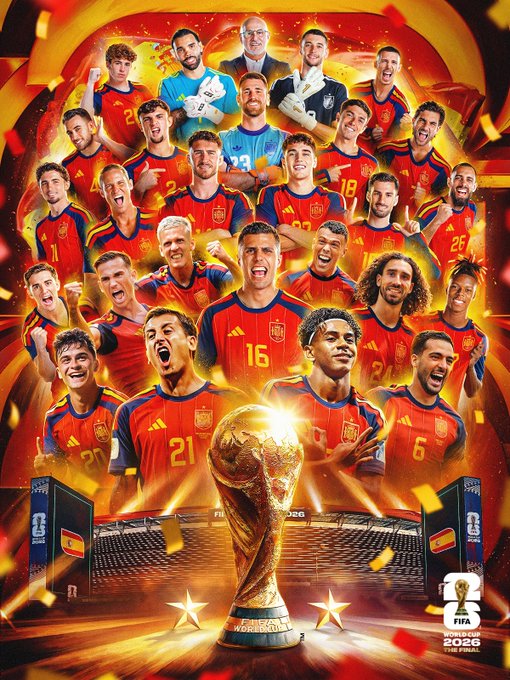 A promotional poster for the "FIFA World Cup 2026" featuring the Spanish national football team in red jerseys gathered around the World Cup trophy.