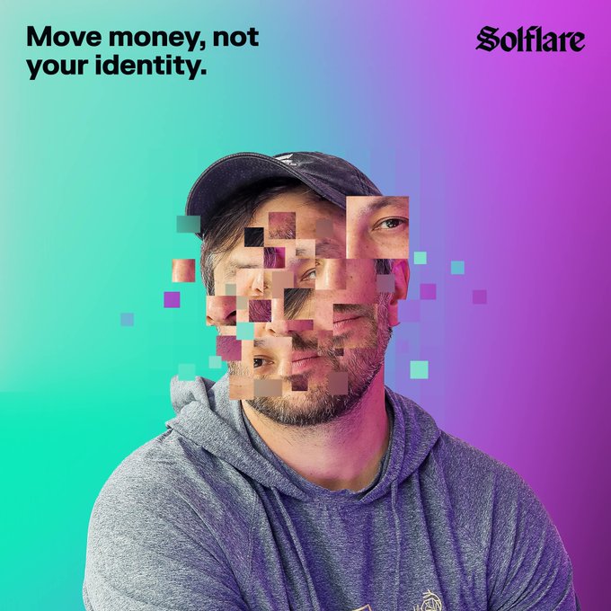The image features a man with his face superimposed onto a purple background. The caption above him reads "Move money, not your identity." This phrase seems to be related to the privacy concerns associated with using private messaging apps like Signal or WhatsApp. The image also includes a link to a post about privacy and identity on social media platforms.