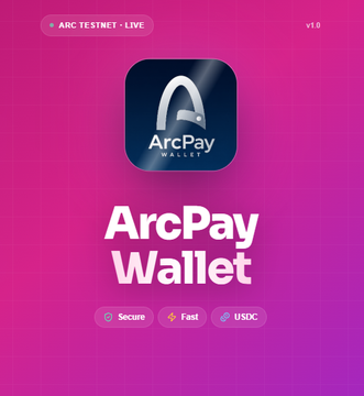 A pink promotional graphic for 'ArcPay Wallet' by Arc Testnet marked v1.0, highlighting features Secure, Fast, and USDC.