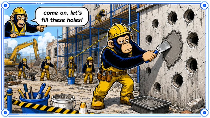 A cartoon-style illustration of construction worker chimpanzees at a job site, with one applying cement to a wall using a trowel, while another in the corner exclaims in a speech bubble 'come on, let's fill these holes!'.
