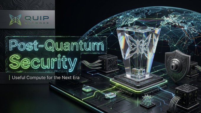 A marketing graphic for 'Quip Network' promoting 'Post-Quantum Security' with the tagline 'Useful Compute for the Next Era,' featuring a glowing crystal block and shield against a globe backdrop.