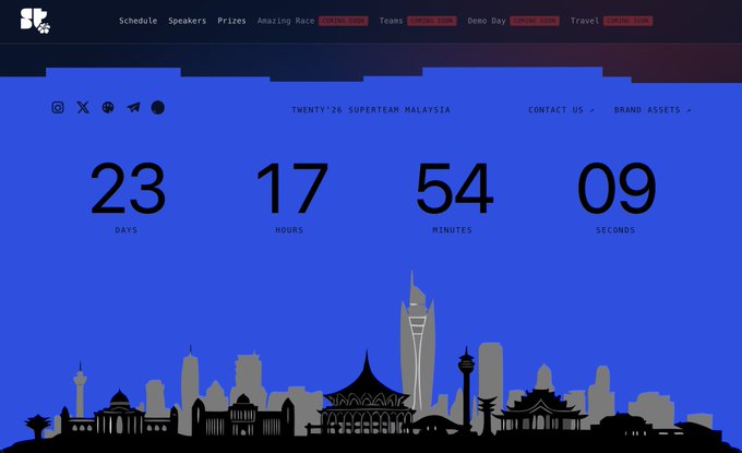 A webpage for 'TWENTY '26 SUPERTEAM MALAYSIA' with a blue background featuring a city skyline silhouette, showing a countdown timer of 23 days, 17 hours, 54 minutes, and 9 seconds.