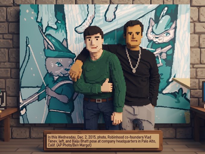 A digital artwork depicting Robinhood co-founders Vlad Tenev (left) and Baiju Bhatt rendered in a stylized 3D pixel-art aesthetic, standing in front of a cartoon mural with rabbit characters, captioned as taken December 2, 2015 in Palo Alto, Calif.