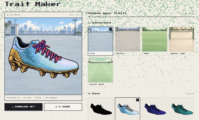 A 'Trait Maker' interface for creating NFT sneakers, showing a customized blue sneaker with red text alongside options for backgrounds like 'City', 'Street', 'Town', and 'Locker room', plus shoe base selections.