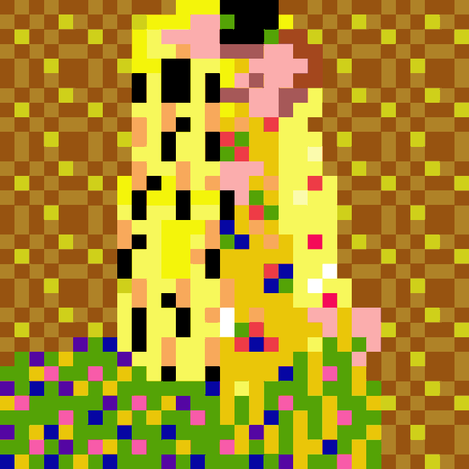 A heavily pixelated mosaic-style digital artwork showing a figure in yellow tones against a brown checkered background with colorful flower-like elements.