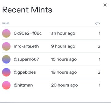 A "Recent Mints" leaderboard displays the top five recent NFT minters, including addresses like "0x90e2...f88c" and usernames such as "@suparno67," "@gpebbles," and "@hittman," along with their quantities (1-2) and timeframes (1-20 hours ago), corresponding to the post celebrating a successful relaunch of the "The Last Exit Liquidity" NFT collection with 7 out of 11 remaining for minting.