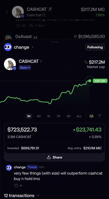 A mobile trading interface shows the 'CASHCAT' token with a $217.2M market cap, a price chart trending upward, and a comment from 'change' stating 'very few things (with size) will outperform cashcat buy n hold imo.'