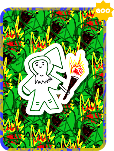 A chaotic NFT-style illustration of a cartoon figure holding a flaming torch, surrounded by flames and green faces on a patterned background, with a 'GOO' logo in the corner.