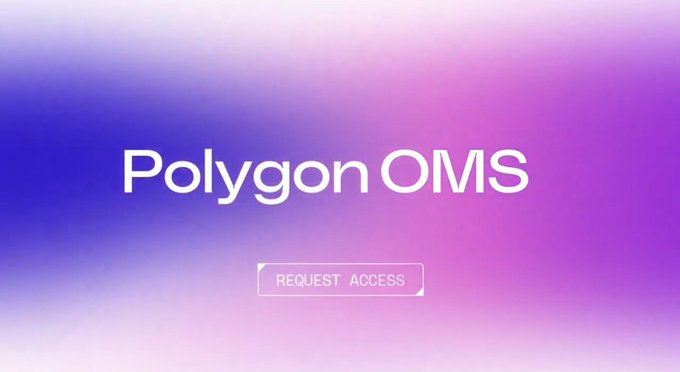 The image features a purple and blue gradient background with white text that reads "Polygon OMS" at the top, followed by a request for access button below. The text is centered within the frame of the image, making it easy to read and understand.