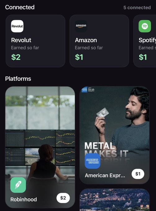 A mobile app dashboard showing connected platforms including Revolut, Amazon, and Spotify with earnings, and available platforms like Robinhood and American Express.