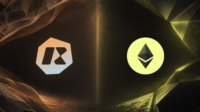 Cryptocurrency logos for AR and Ethereum displayed against a dark, textured background with a central vertical light beam.