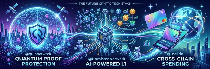 A futuristic crypto tech stack graphic showing 'THE FUTURE CRYPTO TECH STACK' with sections for 'QUANTUM PROOF PROTECTION' (@quipnetwork), 'AI-POWERED L1' (@NomismaNetwork), and 'CROSS-CHAIN SPENDING' (@useTrila).