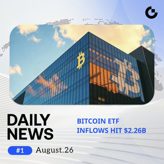 A graphic for "DAILY NEWS #1 August.26" featuring a photo of a glass office building with large Bitcoin logos, announcing "BITCOIN ETF INFLOWS HIT $2.26B".