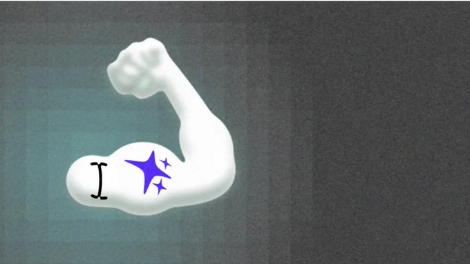 A digital illustration of a white, cartoonish muscular arm flexing against a gray background, with 'I' and purple sparkle symbols visible on the bicep.