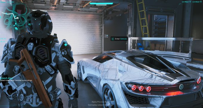 A screenshot from a video game (alpha preview) showing a futuristic armored character with a rifle standing next to a sleek white sports car in a garage, with an 'Enter Vehicle' prompt and HUD elements visible.